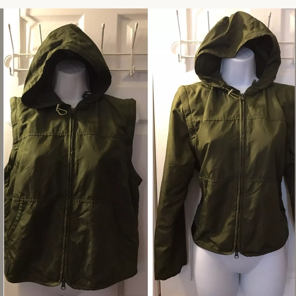 RALPH LAUREN Convertible Jacket Vest Coat Hooded Olive Green Plaid Lined Preppy
